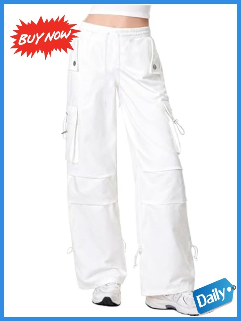 Parachute Cargo Pants Cotton Blend Elastic Waist Drawstring Cuffed Streetwear